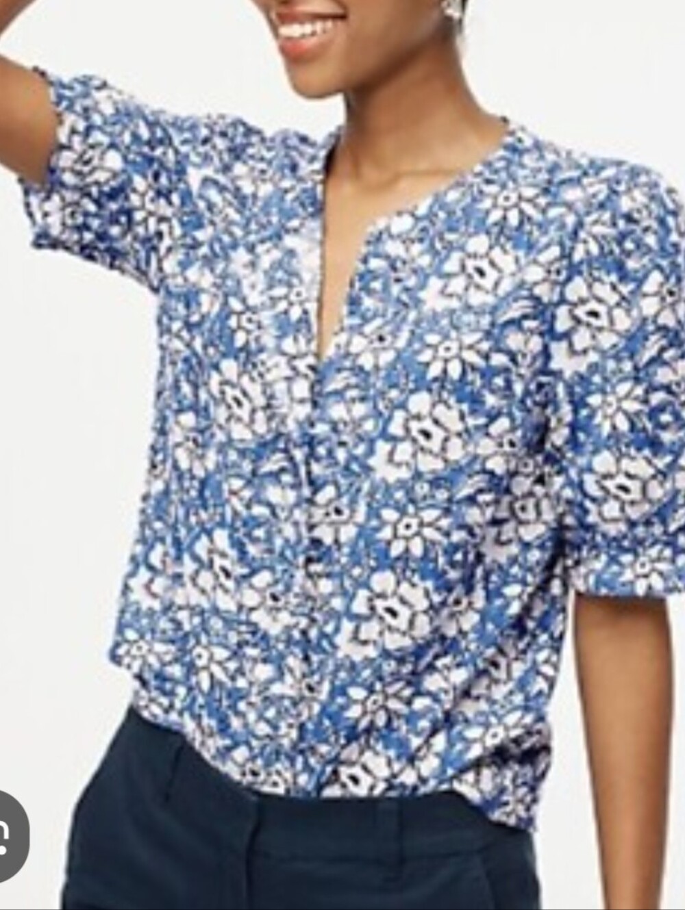 NWOT...J Crew Blue Floral Ruffled Button-Front Linen Blend Top Size Small